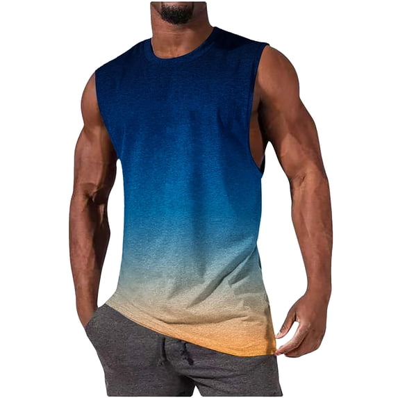 WAVSUF Summer Sports Tank Tops for Mens Quick Dry Vest Muscle Gym Undershirts Tank Printed Round Neck Tops Sleeveles Pullover Dark Blue Size XL