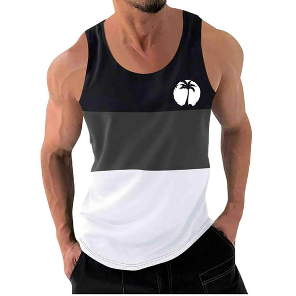 WAVSUF Summer Sports Tank Tops for Mens Quick Dry Vest Muscle Gym Undershirts Tank Printed Round Neck Tops Sleeveles Pullover Dark Gray Size M