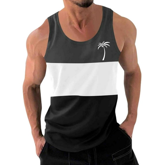 WAVSUF Summer Sports Tank Tops for Mens Quick Dry Vest Muscle Gym Undershirts Tank Printed Round Neck Tops Sleeveles Pullover Dark Gray Size M
