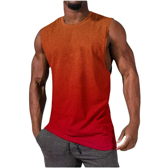 WAVSUF Summer Sports Tank Tops for Mens Quick Dry Vest Muscle Gym Undershirts Tank Printed Round Neck Tops Sleeveles Pullover Orange Size 2XL