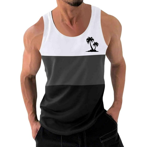 WAVSUF Summer Sports Tank Tops for Mens Quick Dry Vest Muscle Gym Undershirts Tank Printed Round Neck Tops Sleeveles Pullover White Size 2XL
