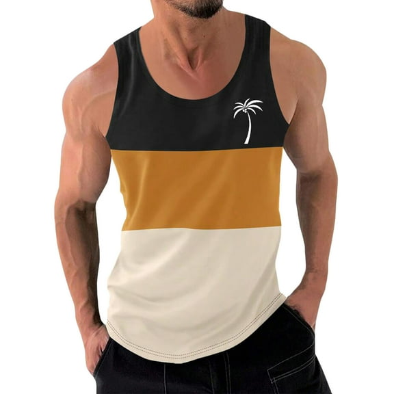 WAVSUF Summer Sports Tank Tops for Mens Quick Dry Vest Muscle Gym Undershirts Tank Printed Round Neck Tops Sleeveles Pullover Gold Size XL