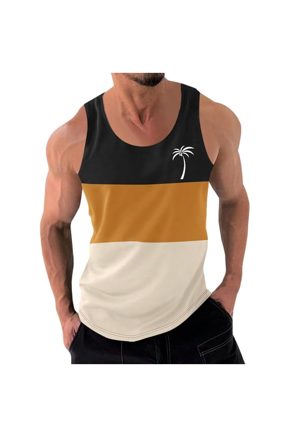 Summer Sports Tank Tops for Mens Quick Dry Vest Muscle Gym Undershirts Tank Printed Round Neck Tops Sleeveles Pullover Gold Size XL