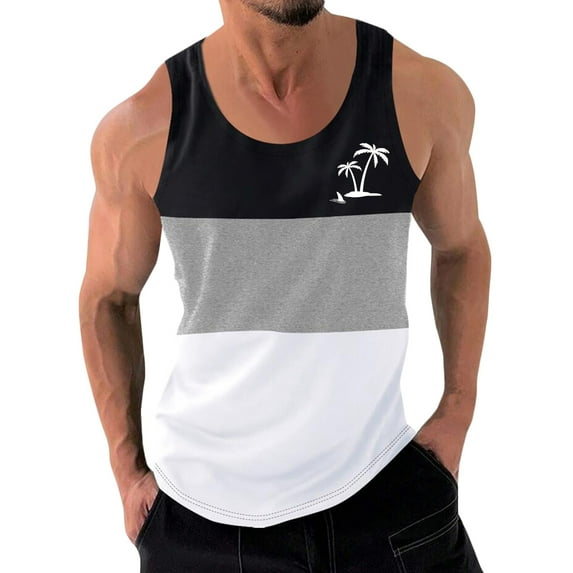 WAVSUF Summer Sports Tank Tops for Mens Quick Dry Vest Muscle Gym Undershirts Tank Printed Round Neck Tops Sleeveles Pullover Gray Size S