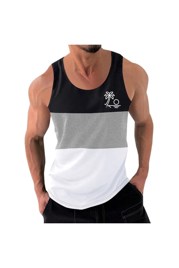 Summer Sports Tank Tops for Mens Quick Dry Vest Muscle Gym Undershirts Tank Printed Round Neck Tops Sleeveles Pullover Gray Size S