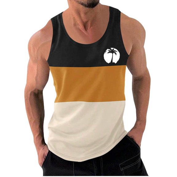 WAVSUF Summer Sports Tank Tops for Mens Quick Dry Vest Muscle Gym Undershirts Tank Printed Round Neck Tops Sleeveles Pullover Khaki Size L