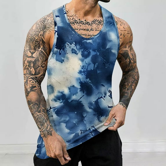 WAVSUF Summer Sports Tank Tops for Mens Quick Dry Vest Muscle Gym Undershirts Tank Printed Tie Dyeing Sleeveles Pullover Dark Blue Size M