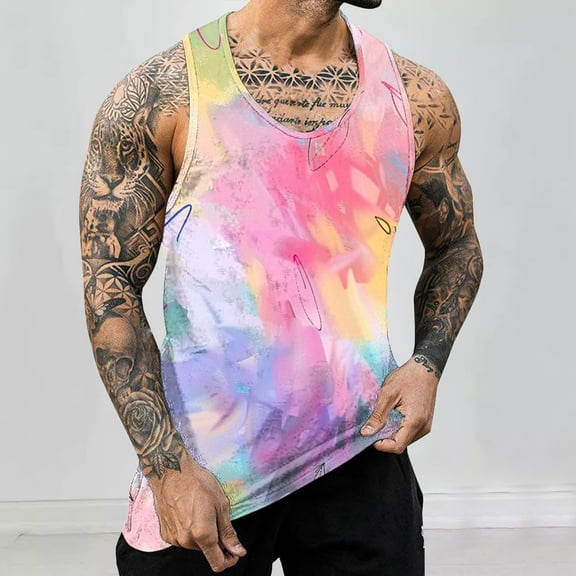 WAVSUF Summer Sports Tank Tops for Mens Quick Dry Vest Muscle Gym Undershirts Tank Printed Tie Dyeing Sleeveles Pullover Multicolor Size S