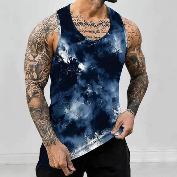 WAVSUF Summer Sports Tank Tops for Mens Quick Dry Vest Muscle Gym Undershirts Tank Printed Tie Dyeing Sleeveles Pullover Navy Size L