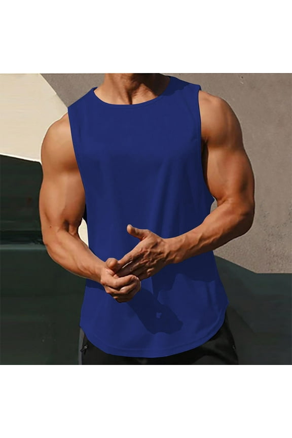 Summer Sports Sleeveles Vest for Mens Solid Color Quick Dry Tank Tops Fashionable Round Neck Pullover Navy Size 2XL