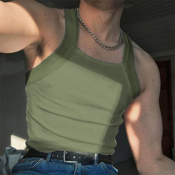 WAVSUF Summer Sports Sleeveles Vest for Mens Solid Color Quick Dry Tank Tops Fashionable Round Neck Slim Pullover Army Green Size 4XL