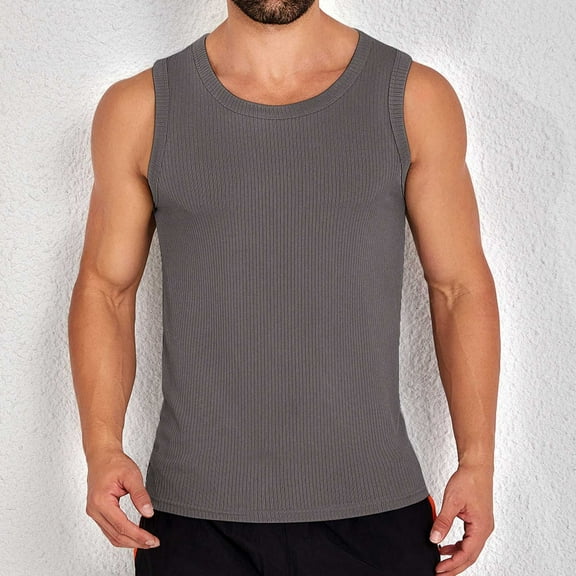 WAVSUF Summer Sports Sleeveles Vest for Mens Solid Color Quick Dry Tank Tops Round Neck Pullover Dark Gray Size M