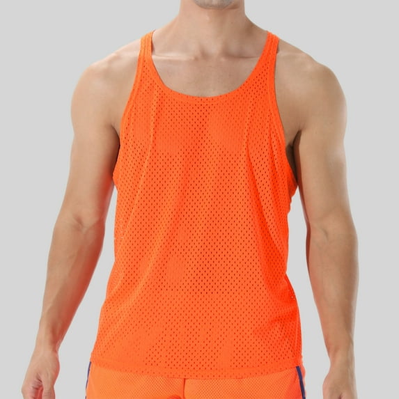 WAVSUF Summer Sports Sleeveles Vest for Mens Solid Color Quick Dry Tank Tops Round Neck Pullover Orange Size 2XL