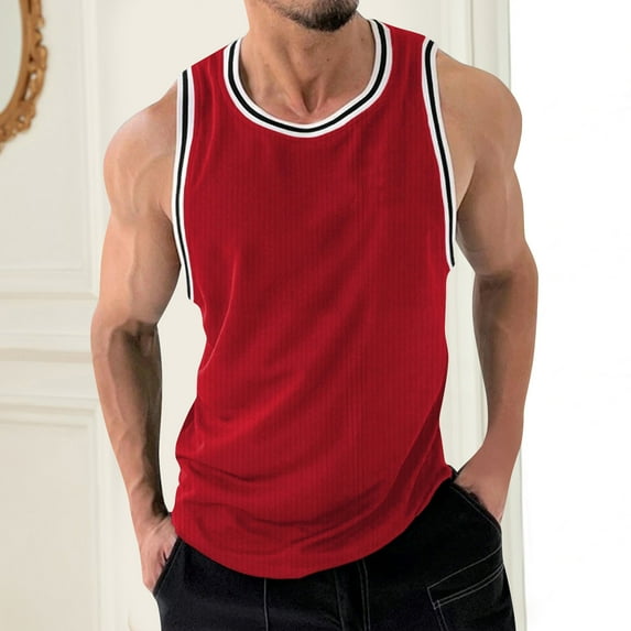 WAVSUF Summer Sports Sleeveles Vest for Mens Solid Color Quick Dry Tank Tops Round Neck Pullover Red Size M