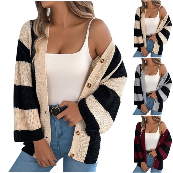 WAVSUF Sweater Cardigan for Womens Long Sleeve Button Down Striped Print Fall Daily Sweater Gray S