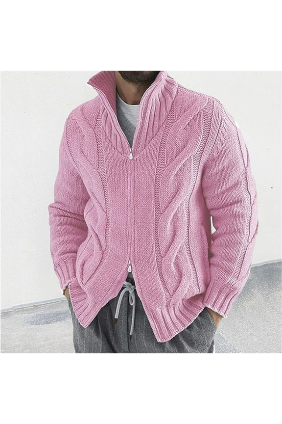 Tall/Big Men Knitted Pullover Sweaters Stand up Collar Sweatershirt Cardigan Long Sleeves Sweater Top Pink Size L