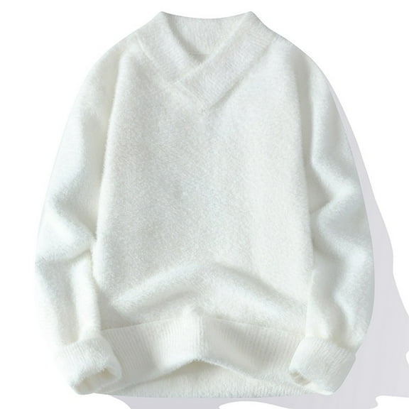 WAVSUF Tall/Big Men Knitted Pullover Sweaters V-Neck Sweatershirt Long Sleeves Sweater Top White Size 3XL