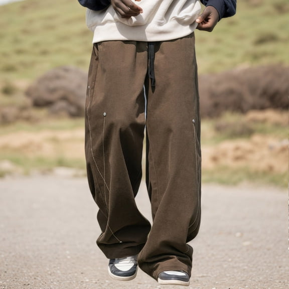 WAVSUF Tall and Big Men Multiple Pockets Cargo Pant for Mens Regular Fit Long Pants New Casual Tight Loose Drawstring Elasticity Pants Coffee Size 2XL