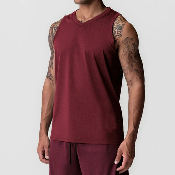 WAVSUF Tall Big Mens Bodybuilding Sleeveles Solid Color Tank Tops Pullover Wine Size S