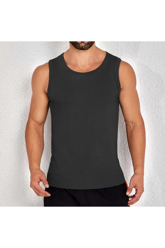 Tall Big Mens Bodybuilding Sleeveles Solid Color Tank Tops Round Neck Pullover Black Size 3XL