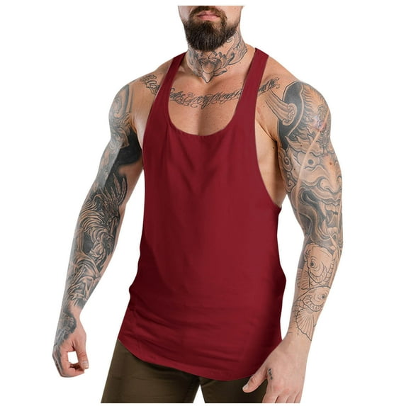 WAVSUF Tall Big Mens Bodybuilding Sleeveles Solid Color Tank Tops Round Neck Pullover Red Size M