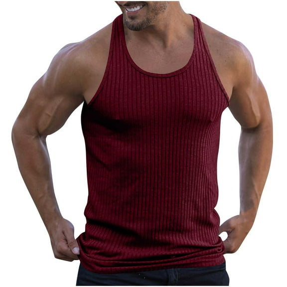 WAVSUF Tall Big Mens Bodybuilding Sleeveles Solid Color Tank Tops Round Neck Pullover Wine Size 3XL