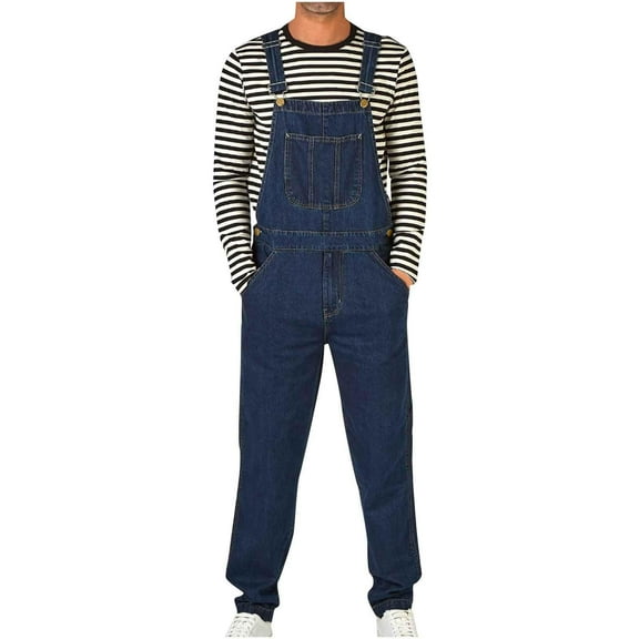 WAVSUF Tall and Big Men Multiple Denim Overalls Pants for Mens Regular Fit Long Pants Work Multiple Pockets Cargo Pant Dark Blue Size L