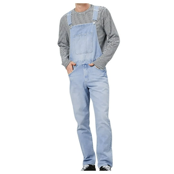 WAVSUF Tall and Big Men Multiple Denim Overalls Pants for Mens Regular Fit Long Pants Work Multiple Pockets Cargo Pant Light Blue Size S