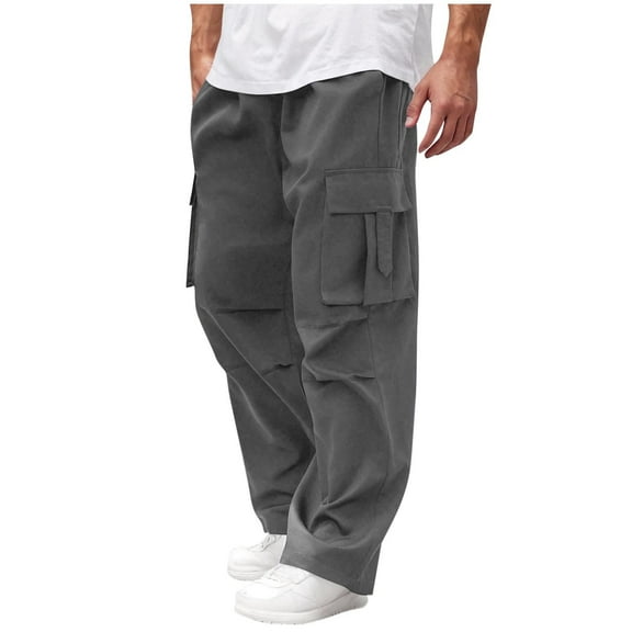 WAVSUF Tall and Big Men Multiple Pockets Cargo Pant for Mens Regular Fit Long Pants Bodybuilding Button Straight Type Pants Gray Size L