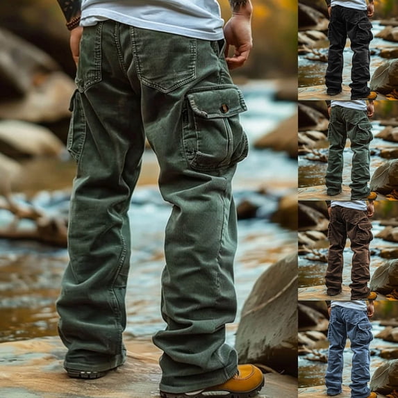 WAVSUF Tall and Big Men Multiple Pockets Cargo Pant for Mens Regular Fit Long Pants Motion Casual Straight Type Pants Army Green Size 3XL
