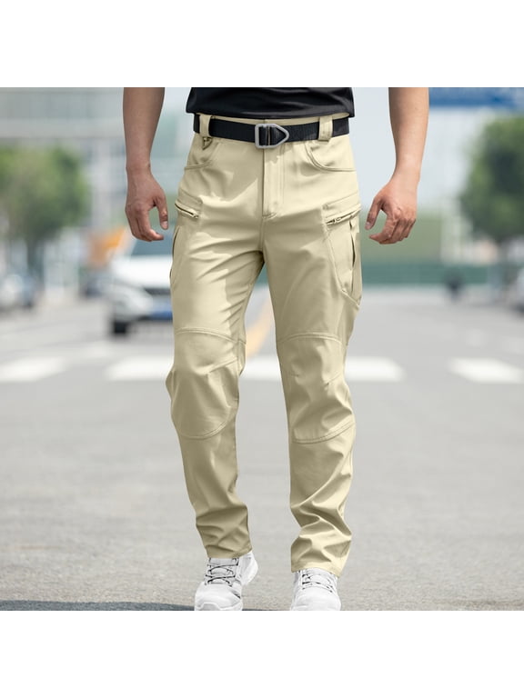 Tall and Big Men Multiple Pockets Cargo Pant for Mens Regular Fit Long Pants New Elasticity Loose Suit Pants Beige Size XL