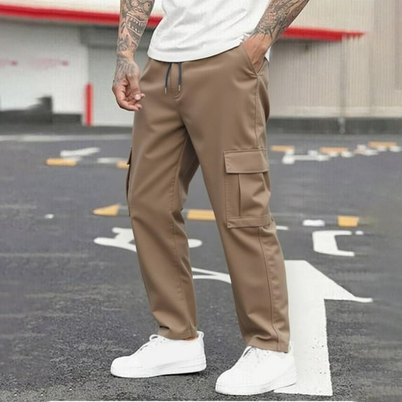 WAVSUF Tall and Big Men Multiple Pockets Cargo Pant for Mens Regular Fit Long Pants Tight Tether Elasticity Pants Khaki Size L