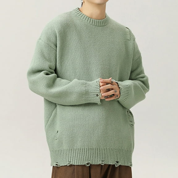 WAVSUF Thickening Sweaters for Mens Winter Warm Sweater Leisure Long Sleeves Solid Color Crew Neck Sweatshirt Top Green Size 2XL