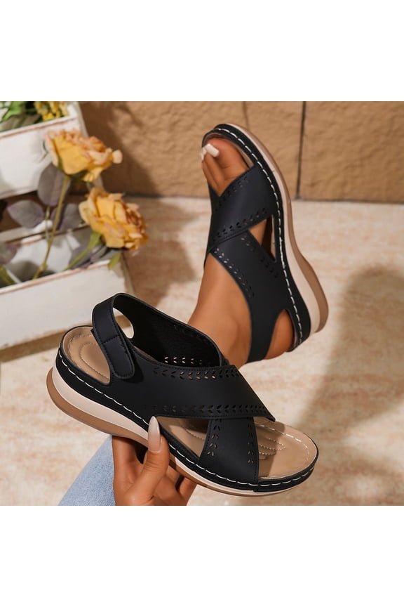 Wedge Sandals for Women, Breathable Holes Round Toe Arch Support Breathable Walking Black 7