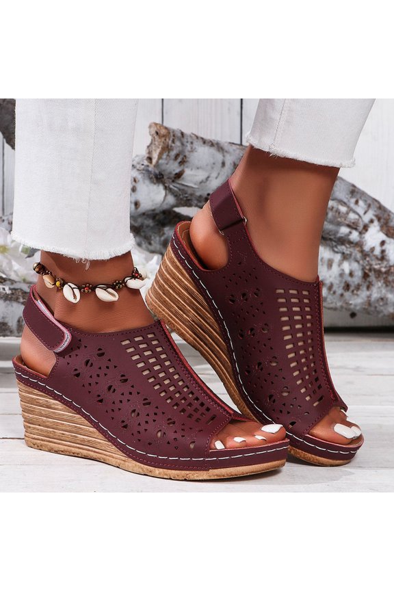 Wedge Sandals for Women, Peep Toe Breathable Holes Arch Support Casual Beach Shoes Wine 8.5