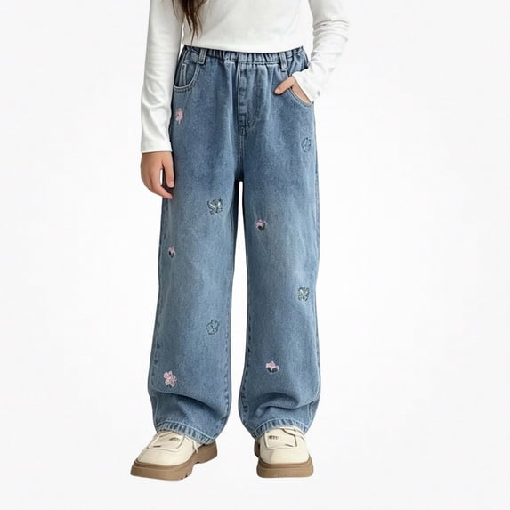 WAVSUF Wide Leg Jeans for Girls Elastic Waist with Pockets Loose Fit Winter Trendy Denim Pants Blue 2T