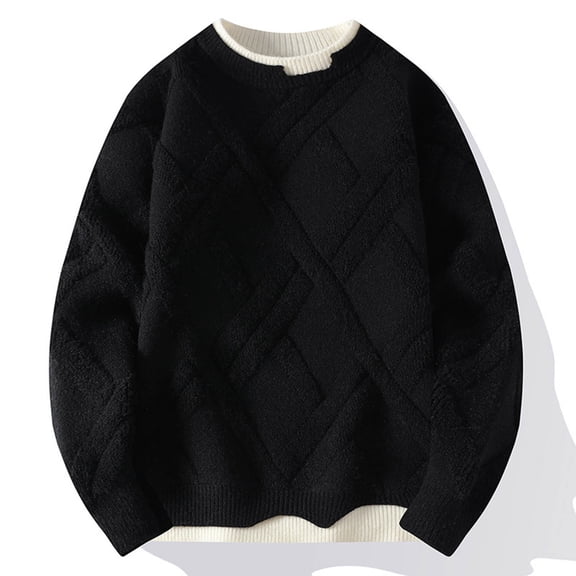 WAVSUF Winter Sweater Men Leisure Knit Sweaters Long Sleeves Solid Color Crew Neck Sweatshirt Top Black Size 2XL