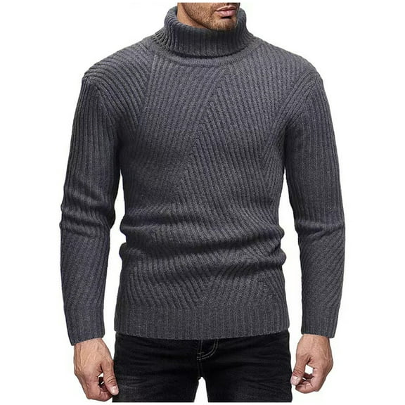 WAVSUF Winter Sweater Men Leisure Knit Sweaters Long Sleeves Solid Color Slim High Neck Sweatshirt Top Dark Gray Size M