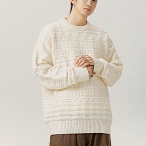 WAVSUF Winter Warm Sweater Men Leisure Thickening Sweaters Long Sleeves Solid Color Crew Neck Sweatshirt Top White Size 2XL