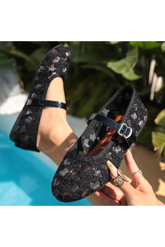 Women's Ballet Flats, Buckle Closure Round Toe Printed Pattern Trendy Dating Shoes Black 6