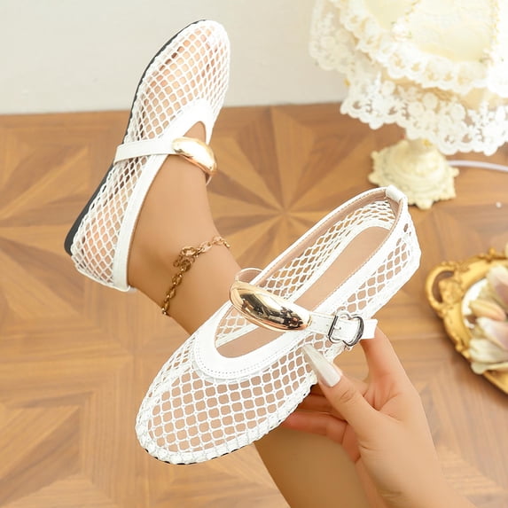 WAVSUF Women's Ballet Flats, Slip On Metal Buckle Shallow-Mouth Soft Soled Flat Shoes White 9