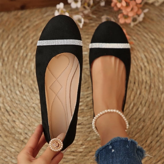 WAVSUF Women's Ballet Flats, Spring Style Rhinestone One-Foot Loafers Pointed Toe Low-Top Shoes Black 8.5