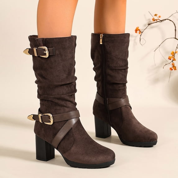 WAVSUF Women's Chunky Boots Pointed Toe Wide Width Slim Fit Winter Fashion Mid Calf Boots Brown 5.5