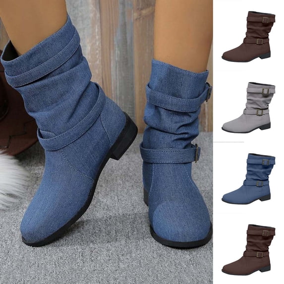 WAVSUF Women's Chunky Boots Round Toe Wide Width Denim Leather Fall Slouch Mid Calf Boots Gray Size 7.5