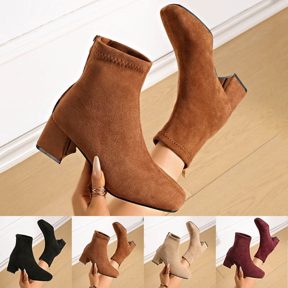 WAVSUF Women's Chunky Boots Square Toe Arch Support Anti Slip Winter Comfort Ankle Boots Brown 6.5