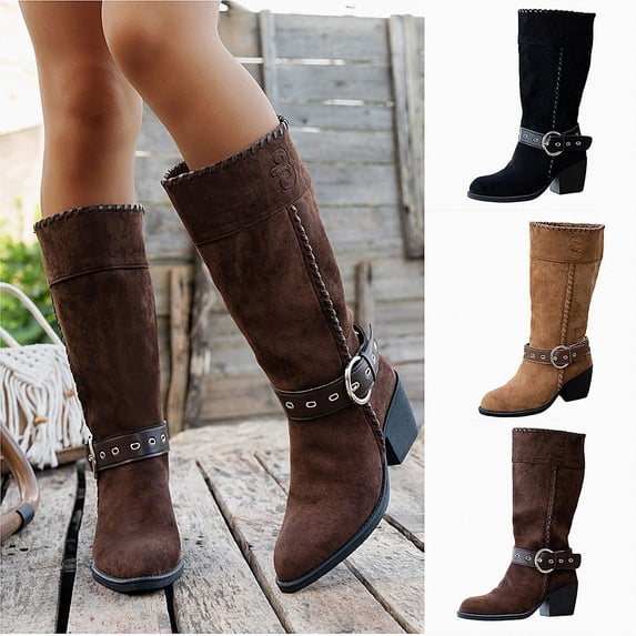 WAVSUF Women's Chunky Mid Calf Boots Soft Comfort Pointed Toe Wide Width Winter Suede Boots Brown 6