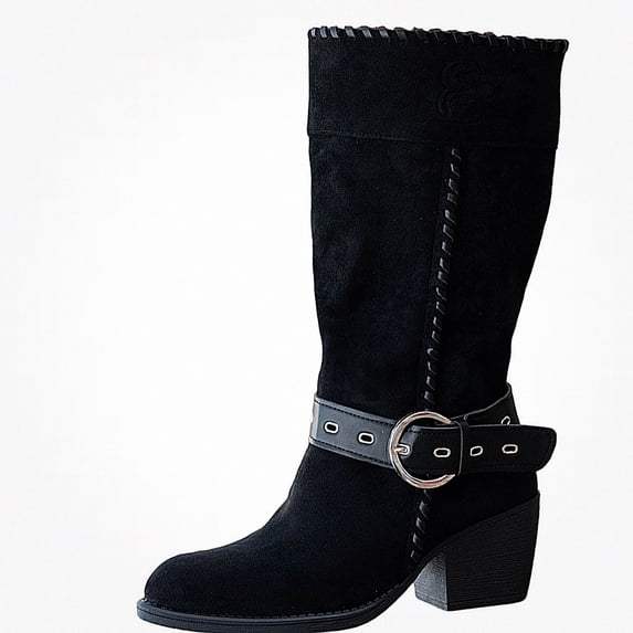 WAVSUF Women's Chunky Mid Calf Boots Wide Width Pointed Toe Soft Comfort Winter Suede Boots Black 5.5