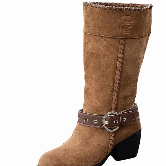 WAVSUF Women's Chunky Mid Calf Boots Wide Width Soft Comfort Pointed Toe Winter Suede Boots Brown 7.5