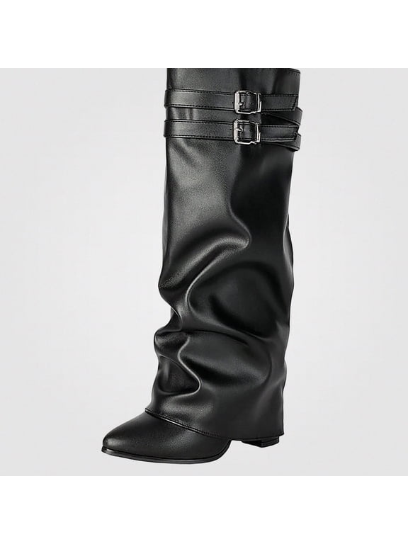 Women's Extra Wide Width Boots Pointed Toe Plus Size Faux Leather Fall Daily Casual Boots Black Size 6.5