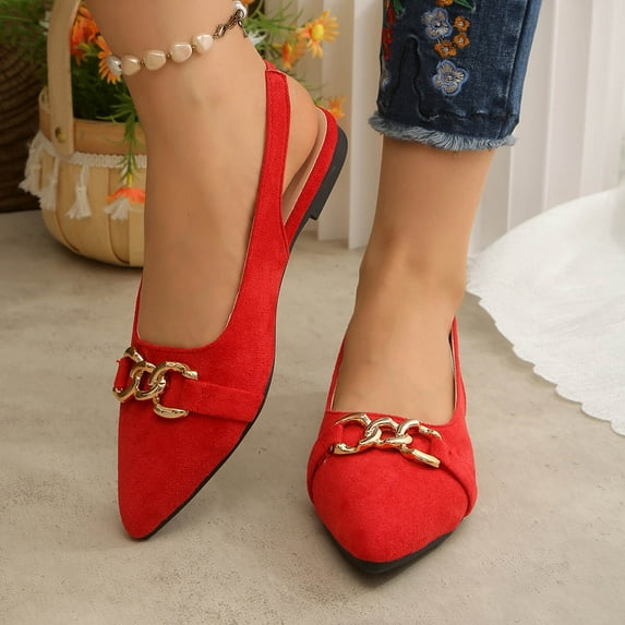 WAVSUF Women's Fashionable Ballet Flats, Metal Buckle Pointed Toe Slip On Comfortable Resort Wedding Shoes Red Size 37